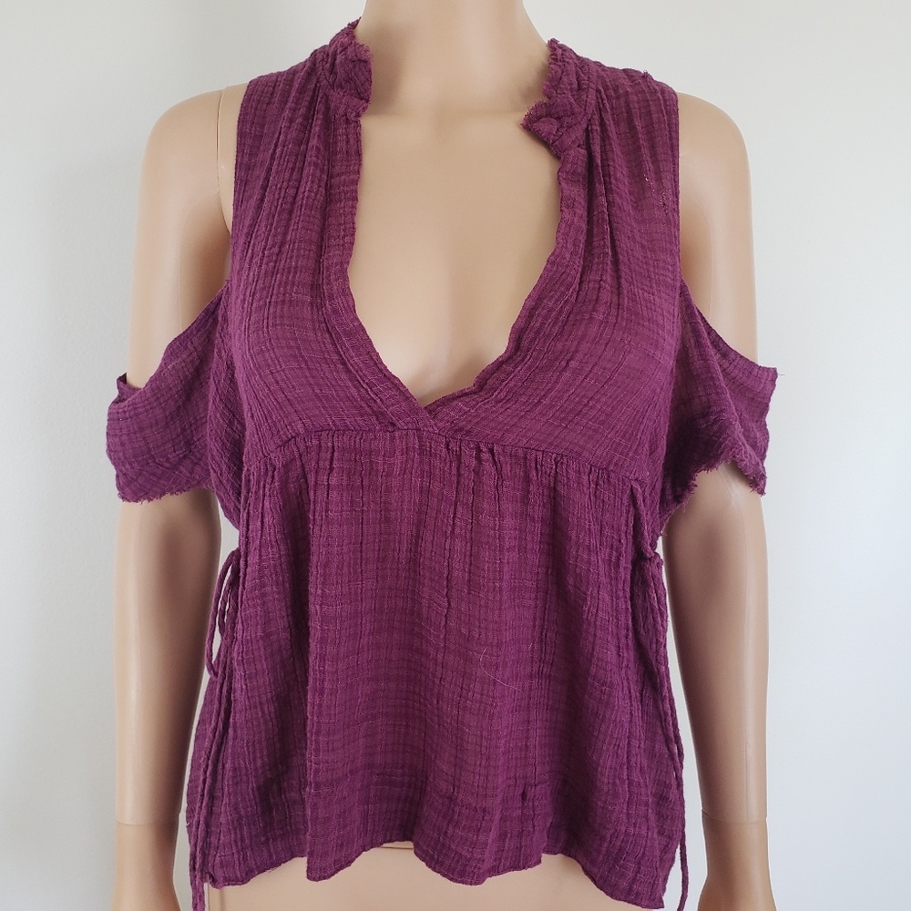 Free People One Cold Shoulder Boho Top XS Indus Gauze Purple Peplum